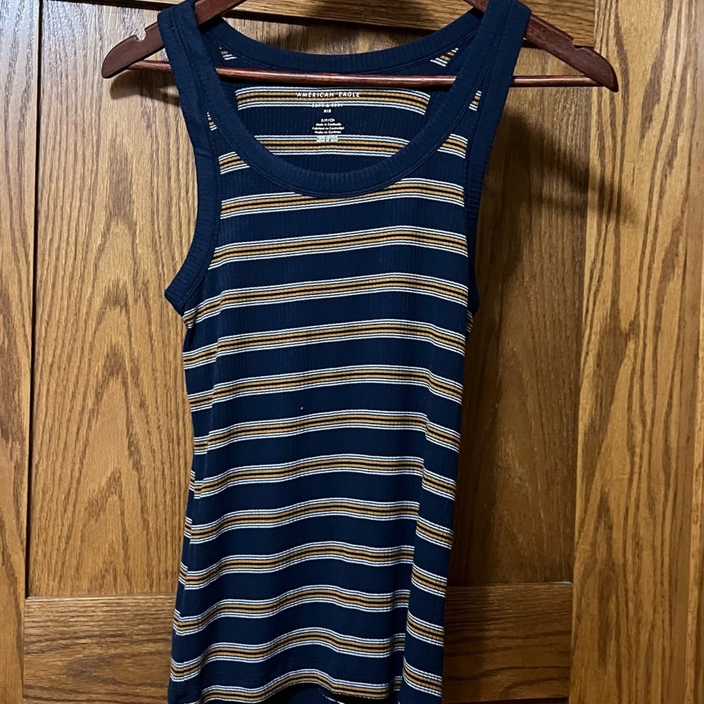 American Eagle Outfitters Navy and Tan Striped Tank Top